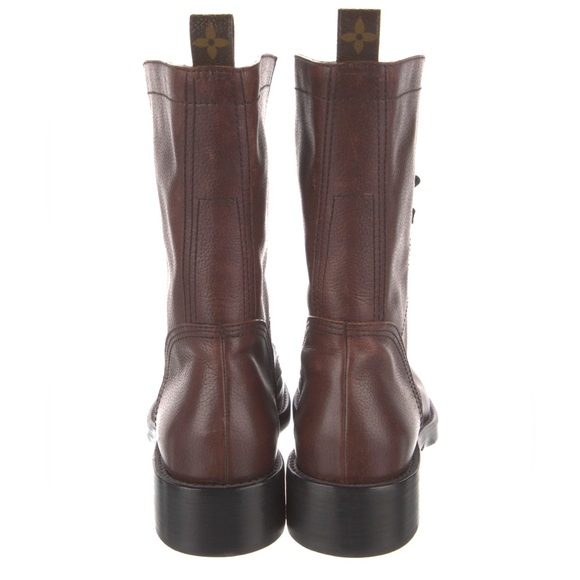 Rare LOUIS VUITTON Brown Leather Metropolis Flat Ranger LV Monogram Combat Boots - Picture 3 of 4